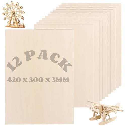 LDHHYH 12 Pack 3mm Plywood Sheets, 420 x 300mm Basswood Sheets A3 Thin Plywood Board, Unfinished Wood Boards for Crafts, Model Making, Wood Burning Hobby, etc