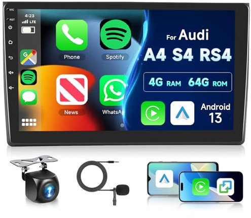 8 Core 4G+64G Autoradio für Audi A4 S4 RS4 2002-2008, Hodozzy 9 Zoll Touchscreen mit Wireless Carplay Android Auto, Android Radio 2 din mit Navi Bluetooth DSP WiFi FM/RDS Radio Rückfahrkamera