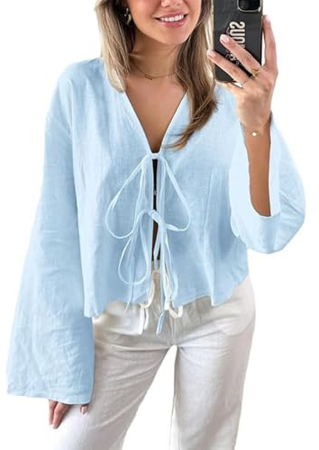 Chvity Tie Front Tops for Women Y2K Linen Shirts Flare Sleeve V Neck Going Out Coquette Clothes Casual Lace Up Bow Blouses, Blue, S