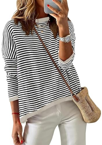 Cuptacc Ladies Jumpers Striped Long Sleeve Top Women Tunic Womens Sweatshirt Autumn Tee Shirts Beige XXL 20-22