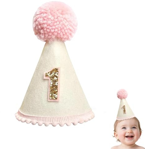 Vyqrx 1. Geburtstag Hut für Baby Mädchen Jungen - Rosa Filz Geburtstagskrone mit Bommel, weicher, verstellbarer Partyhut für 1 Jahr alte Feier, Cake Smash, Foto-Requisiten (Rosa)