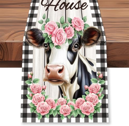 WADORN Tischläufer Farmhouse Cow, Tischläufer Mit Blumenmuster Büffelkaro Kuh Leinen Für Küche Esstisch Tiere Rustikaler Bauernhaus Tischläufer Für Zuhause Küche Urlaub Party Hütte, 33x183cm