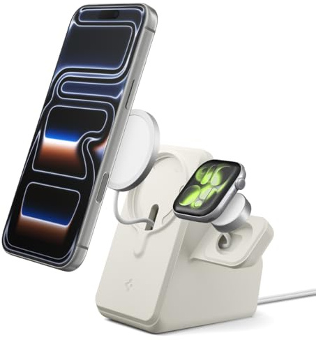 Spigen MagFit Duo Stand MagSafe Ladestation für iPhone/Apple Watch MagSafe Ladegerät 2025-2024 Kompatibel mit iPhone 17/16/15, AirPods und Apple Watch Serie (Ladegerät Nicht enthalten) - Dünenbeige