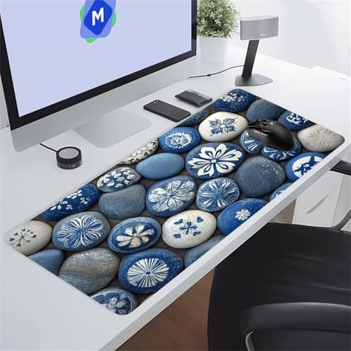 KIZIFI Large Gaming Mouse Pad 59x31.5x0.08 inch Blue Pebbles Mouse Mat XXL, Gaming Keyboard Mat, Extended Desk Pad with Non-Slip Base and Stitched Edge for Office/Gamer