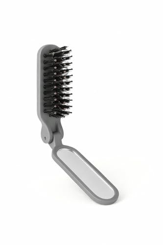 Brosse pliable cheveux & barbe avec miroir – poils de sanglier + picots nylon – compacte 11 cm, portable et anti-frisottis – coloris marron ou gris – brosse de poche voyage unisexe 180° (gris)