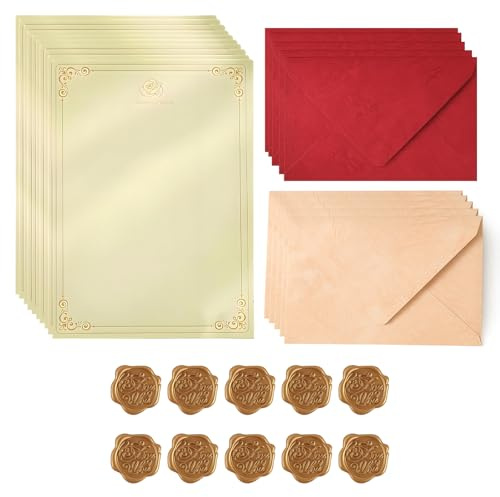 40 Teile Vintage Briefpapier Edel, Briefpapier Mit Umschlag, Briefpapier Set, 5 Baum-Muster Rote Umschläge + 5 Baum-Muster Orange Umschläge + 10 Siegelwachs + 20 Rosenbriefpapier