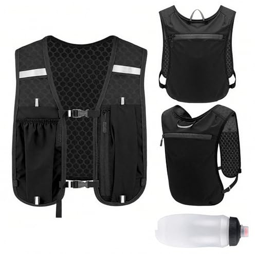 Dinhauyon Gilet de Running Homme Femme, Gilet Hydratation avec Bouteille 500ml, Ceinture Thoracique Réglable - Réfléchissant pour Course à Pied Randonnée Vélo