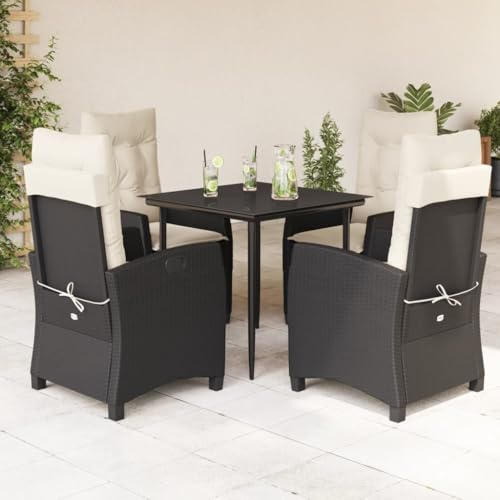Yunovire 5-TLG. Garten-Essgruppe mit Kissen, Schwarz Poly Rattan, Verstellbare Relaxsessel, Gehärtetes Glas, für Terrasse, Balkon, Außenbereich