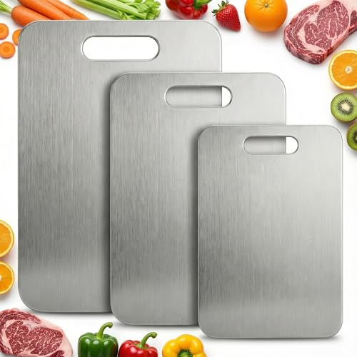 3 Stainless Steel Cutting Board Set, Double-Sided Chopping Boards, Food Grade Non-Slip Kitchen Cutting Boards for Meat, Vegetables and Dough, 3 Sizes for Home and Camping