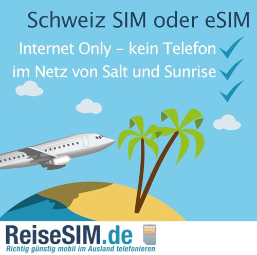 ReiseSIM Schweiz Internet SIM-Karte, 20 GB Datenvolumen, 30 Tage Gültigkeit, Salt und Sunrise 4G/5G Netz, Nano-SIM oder eSIM