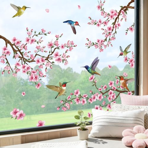 SHUCHING Fensterbilder Kirschblüten Ast | Fenstersticker Blumen Rosa, Wiederverwendbar Selbstklebend Fensteraufkleber für Fenster, Vitrinen, Spiegel, Glas
