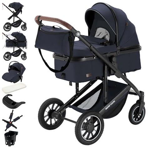 Daliya® FLEXI-PRO M 3in1 Kinderwagen & Buggy mit i-Size Babyschale, Viel Zubehör (Blau-Grau)