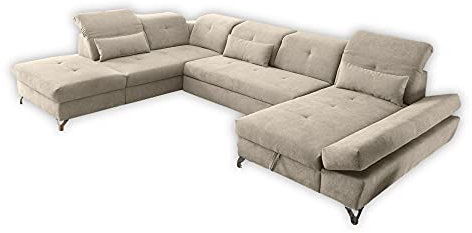 Stella Trading MELFI Wohnlandschaft in U-Form, Stoffbezug Sand - Ausziehbares Sofa mit Schlaffunktion & Bettkasten - 350 x 73 (96) x 245 cm (B/H/T)