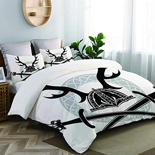TESCCI Bettwäsche-Set, Mikrofaser,Helm mit Geweih und Wikingerschwertern Celtic Circle Medieval Barbarian,1 Bettbezug 200 x 200cm+ 2 Kopfkissenbezug 80x80cm