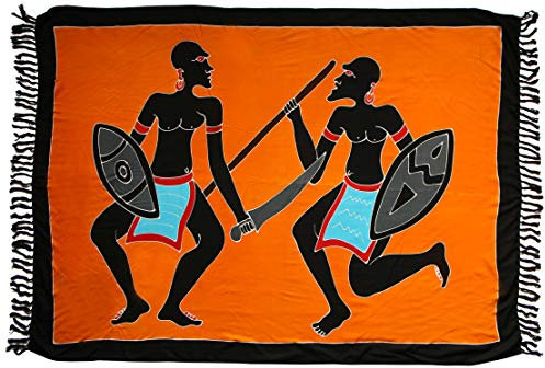 Wogeka Sarong – Blickdichtes luftiges Strandtuch Afrika Krieger in Orange für Damen & Herren als Pareo Wickelrock Strandkleid Wrap für den Strand 89