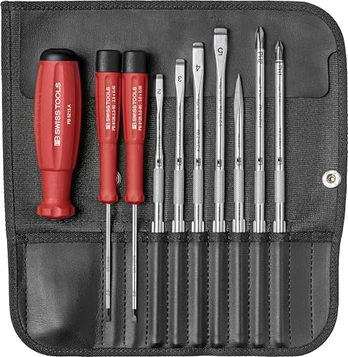PB Swiss Tools Screwdriver Rollup Pouch Set PB 8215.CBB | 100% Swiss Made | with Handle, 2 Precision Screwdriver and 7 Interchangeable Blades
