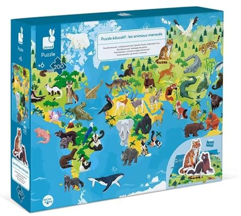 Janod - Lernpuzzle Bedrohte Tiere - 200 Teile - Ab 6 Jahren, J02676, Einheitsgröße