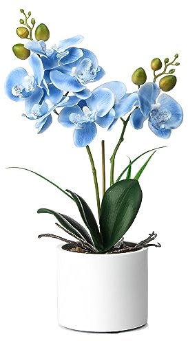 Jusdreen Kunst-Orchideen in Keramiktopf, naturgetreues Phalaenopsis-Arrangement mit Übertopf für Zuhause, Büro, Tischdekoration, 36,8 cm Blumen-Mittelstück, blau