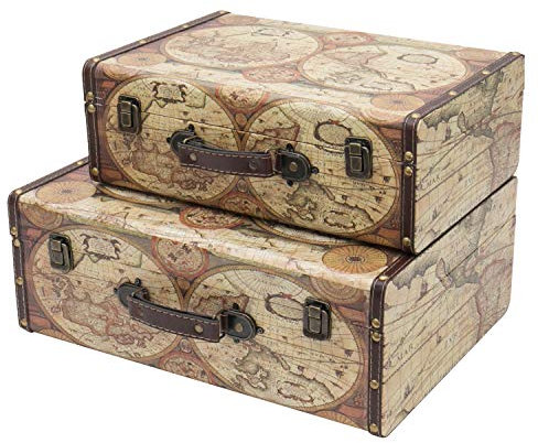 HMF VKO104 Vintage Koffer aus Holz | 2er Set | Versch. Größen | Deko Weltkarte Farbe