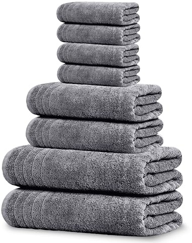 Tens Towels Pack of 8 Towels Set, 2 Extra Large Bath, 2 Hand, 4 Washcloths, 100% Cotton, Lighter Weight, Quicker to Dry, Super Absorbent, Perfect for Bathroom, Dark Grey
