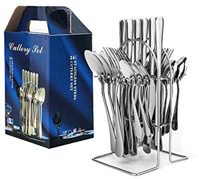 peinat Cubiertos Acero Inoxidable 24 Piezas, Puede Ser Utilizado Por 6 Personas Juego De Cubiertos, Incluyendo Cuchillos,Tenedores,Cucharas,Cucharaditas Y Estante De Almacenamiento, Plata Clásica