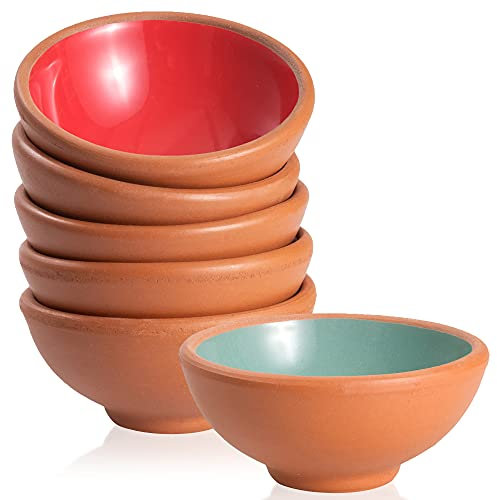 Kuyucu Lot de 6 petits bols à sauce en terre cuite de 100 ml avec 2 cuillères en bois - Bols de préparation, bols à tremper, plats à sauce soja, bols à dessert - Multicolore