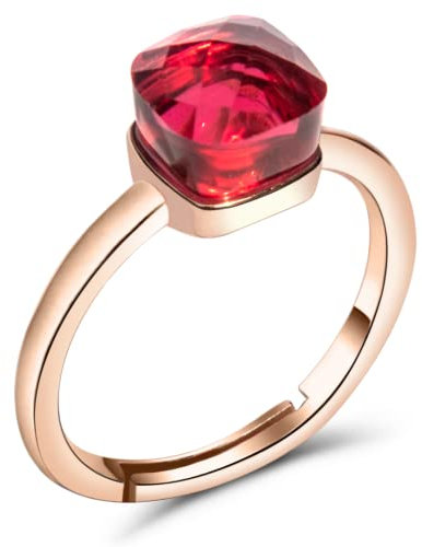 Tiramisu | Anello con Pietra Singola Cristallo | 925 Argento Sterling Placcato Oro Rosa |Gioiello Donna/Ragazza | Misura Regolabile | Pietra Rossa Rubino| Confezione Regalo| Particolare| Senza Nichel