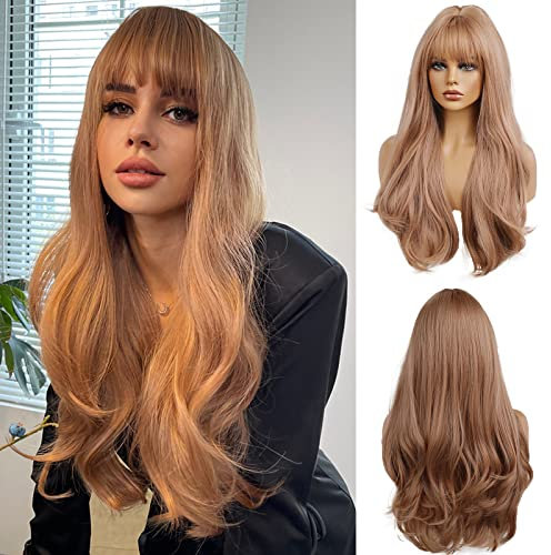 OUFEI Lange Gewellte Erdbeerblonde Perücke mit Pony für Frauen Natürliches Synthetisches Haar Hitzebeständige Perücken für Tägliche Party Cosplay Tragen