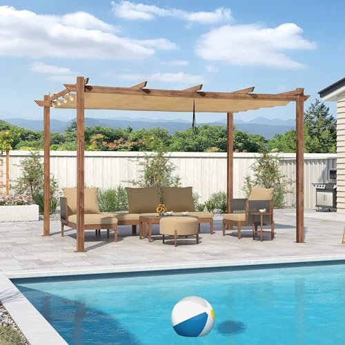 PURPLE LEAF Pergolato da Giardino Pergola 3 x 4 M in Alluminio per Esterno con Tetto a Scomparsa Poliestere Impermeabile e Resistente ai Raggi UV Struttura in Legno Struttura in Legno, Khaki