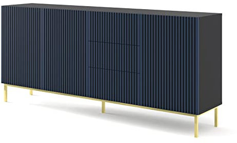 BIM Furniture Kommode Ravenna A 3D3S 200 cm gefräst MDF, Sideboard Highboard Schrank, 3 Türen, 3 Schubladen (Schwarz Matt/Navy Blau)