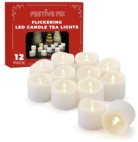 Festive Fix Flameless LED Tea Light Candles – 12 Pack Flickering Warm White, Battery Operated, Long-Lasting 100+ Hours Runtime, Ideal for Christmas, Holiday Decor & Cosy Home Ambience