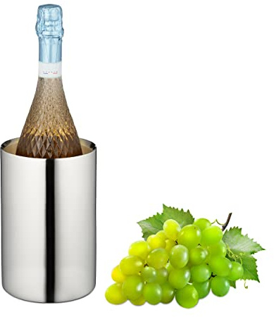 Relaxdays Weinkühler Edelstahl, doppelwandig, Flaschenkühler Wein & Sekt, HxD: 18,5 x 12 cm, glänzend, Weinkübel, Silber