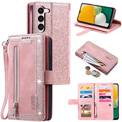 EYZUTAK Handyhülle für Samsung Galaxy S23,Flip Case Lederhülle Reißverschluss Magnetverschluss Brieftasche mit 9 Kartenfächern Standfuntion Retro Matt Ledertasche-Roségold