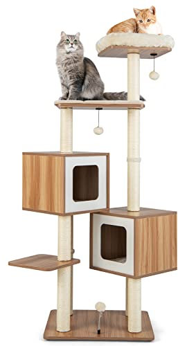 GOPLUS Arbre à Chat 163CM en Bois, 6 Niveaux, avec Plateformes, Condos, Coussins Confortables, Poteaux en Sisal, Boules, Naturel