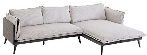 CARO-Möbel Ecksofa SUBLIMUS Cord in hellgrau, Sofa gepolstert und mit Kord bezogen, Couch mit Ottomane rechts und Kissen, Eckcouch im Skandi Look