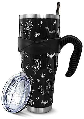 Goth Black 40 Oz Tumbler with Handle and Straw, Large Big Stainless Steel Vacuum Insulated Tumbler Iced Coffee Cup Water Bottle Travel Mug, Witchy Gothic Gifts Decor Accessories Stuff, Halloween Gifts