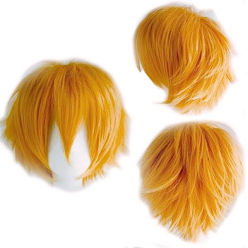 Anime Cosplay Perücke Orange Kurze Perücken Damen Herren Synthetische Gerade Fancy Dress Perücke Gewellt Glatt Perücken Halloween Karneval Kostüm Party Perücke mit Gratis Mütze für Frauen Männer