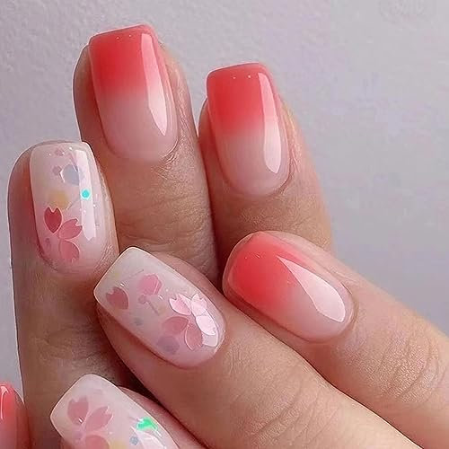 AKOFIC 24 Pièces Faux Ongles Court Carré, Ballerine Faux Ongles à Coller French Manucure, Glazed Press on Nails avec Gel Pad Ongles, Rose Rouge Fleur Faux Ongles Reutilisable Sans Colle pour Femmes