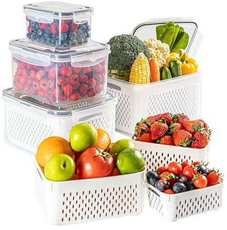 AVUX Fruit Storage Containers for Fridge (5 Pcs) Air Tight Food Storage Bins with Lid | Leak-Proof Rectangular Containers to Keep Fruits, Berries, Veggies, and Salad Fresh for Longer