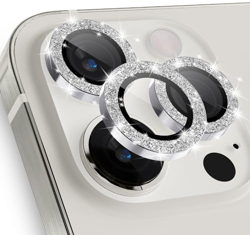 imluckies für iPhone 15 Pro - iPhone 15 Pro Max Kameraschutz, Glitzer Aluminiumlegierung & 9H Gehärtetes Glas HD Klar Kamera Linse Schutzfolie, Glitter Silber