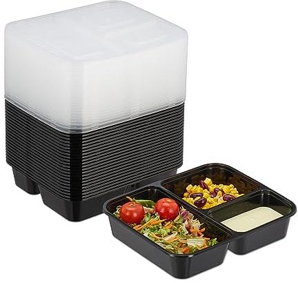 Relaxdays Meal Prep Container en Lot de 24, 3 Compartiments, Boite adaptée au Micro-Ondes, réutilisable, Plastique, Noir