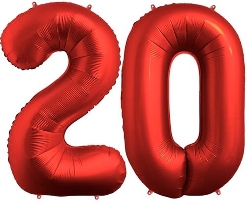 FUNFEST 100 cm chromrote Luftballons zum 20. Geburtstag – Geburtstagsballon-Dekoration – inklusive XL-Ballon zum 20. Geburtstag und Strohhalm – Heliumfliegen