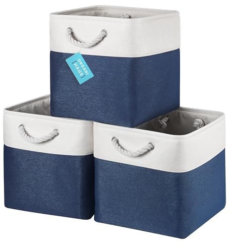 OrganiHaus 30x30 Cube Storage Bins Set of 3, Fabric Cube Baskets for Storage Shelves, Foldable Storage Cubes for Kallax Organizer Cube Bins w Rope Handles, Cubby Bins for Nursery Decor, Navy Blue