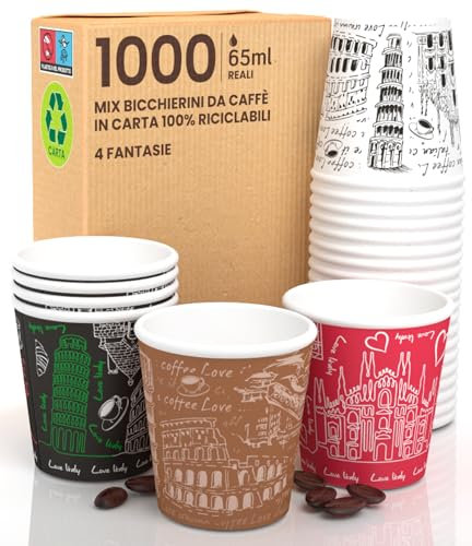 Lot de 1000 verres en papier pour café 65 ml MIX Italy Verres écologiques biodégradables jetables petits emporte-pièces