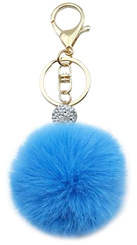Xsclpomddy Pom Pom Schlüsselbund künstliche weiche Kaninchenhaar Taschenanhänger Ball Silber. Wasserkristall.Schlüsselanhänger für Handtasche Auto Anhänger Dekoration,light blue