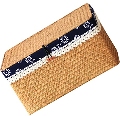 FONDOTIN Woven Basket with Lid Woven Bread Basket Small Woven Basket Wicker Bread Basket Wicker Basket Seagrass Storage Wicker Storage Bins Shelf Books Decor Seaweed Egg Basket With Cover