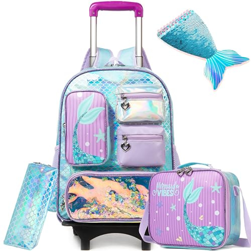 Meetbelify Mochila enrollable Mermaid para niñas Mochila enrollable para alumnos de primaria Mochila escolar infantil con fiambrera Estuche para niñas de 6 a 8 años