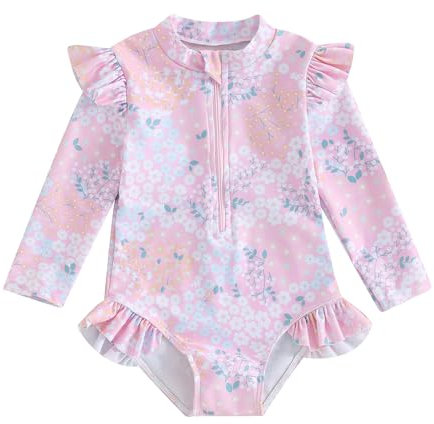 Maillot de Bain Enfant Bébé Fille Anti-UV Combinaison de Natation Réversible à Manches Longues Maillots 1 Pièce de Bain Piscine Plage (Rose Volants, 2-3 Years)