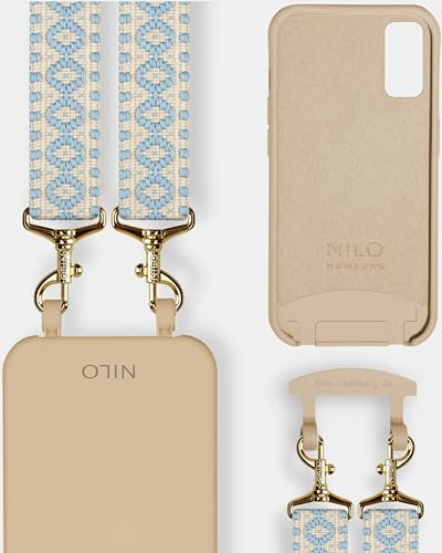 NILO® Set | Handyhülle mit Band, Handyband NILO Berry mit nudefarbener Handyhülle für Samsung S20 | hochwertige Handykette, verstellbar, mit Karabiner Gold