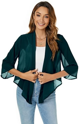 Famrrifuu Coprispalle Donna Elegante Leggero Estivo Cardigan Corta Maniche 3/4 Chiffon Coprispalle Corto,Verde,L